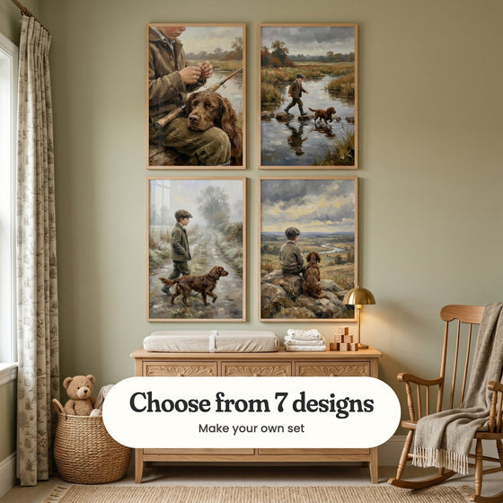 Sage green nursery with four boy and dog prints in light wood frames in two rows above a carved oak changing dresser with a brass lamp and wooden blocks, beside a rocking chair and a teddy in a basket: Faithful Fishing Friends, Crossing The Stream, Misty Morning Stroll and Loyal Companions, with a label reading Choose from 7 designs, Make your own set