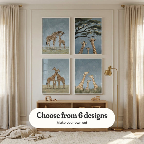 Cream panelled room with four giraffe prints in white frames in two rows above a low light wood cabinet with wooden toys, beside a brass floor lamp and linen curtains: Gentle Giraffe Nuzzle, Gentle Giants Trio, Giraffe Family Portrait and Giraffe Family Trio, with a label reading Choose from 6 designs, Make your own set