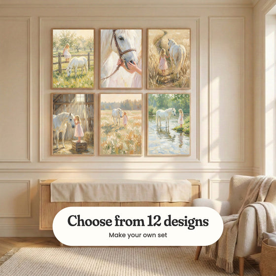 Cream panelled nursery with six girl and white horse prints in light wood frames in two rows above a light wood changing cabinet, beside a cream armchair with a throw: Meadow Friends, Gentle White Bond, Golden Summer Walk, Sunlit Stable Secret, Meadow Harmony and Quiet River Encounter, with a label reading Choose from 12 designs, Make your own set
