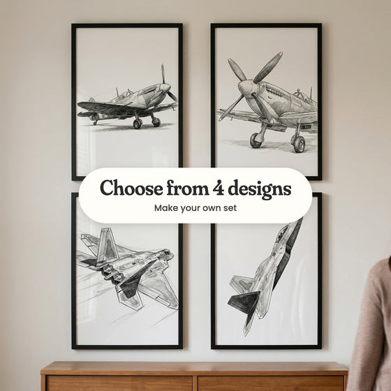 Four airplane sketch prints in black frames above a walnut dresser: a propeller plane parked in side view, a propeller plane seen from the front, a jet banking with speed lines and a jet climbing steeply, with a label reading Choose from 4 designs, Make your own set
