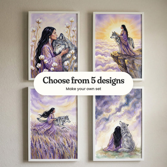 Four lavender wolf prints in white frames in two rows on a beige wall: the woman hugging the wolf among fluffy white blooms, the two on a cliff above lavender clouds, the pair running through a lavender field and the two sitting under a starry purple sky, with a label reading Choose from 5 designs, Make your own set
