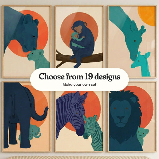 Six safari prints in light wood frames of dark blue and teal animal families against a big orange sun: a lioness and cub, a monkey and baby, a giraffe and calf, an elephant and calf, a zebra and foal and a lion and cub, with a label reading Choose from 19 designs, Make your own set