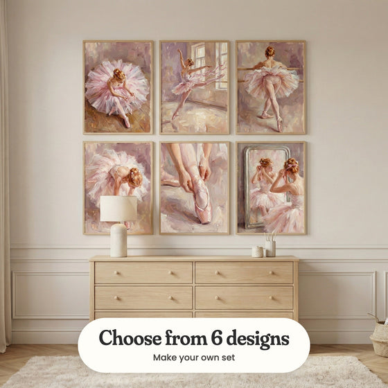 Cream panelled room with six ballerina prints in light wood frames in two rows above a light wood dresser with a table lamp, on a fluffy cream rug: Blushing Tulle Bloom, Graceful Pink Leap, Graceful Rehearsal, Pink Tulle Glow, Satin Ribbon Knot and Reflected Grace, with a label reading Choose from 6 designs, Make your own set