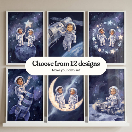 Six little astronaut prints in white frames in two rows above a white picture ledge: two astronauts holding a star flag on a little planet, one floating by a space station, two inside a ring of stars, one riding a striped rocket, two sitting on a crescent moon and one driving a moon buggy, with a label reading Choose from 12 designs, Make your own set