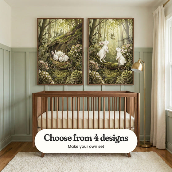Sage green panelled nursery with two bunny prints in dark wood frames above a walnut crib, beside a brass floor lamp, a linen curtain and a white shaggy rug: Woodland Slumber and Woodland Bunny Friends, with a label reading Choose from 4 designs, Make your own set