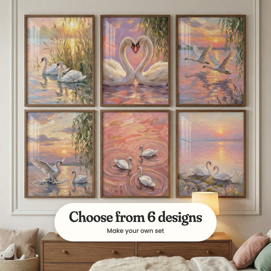 Cream panelled room with six swan prints in dark wood frames in two rows above a wood dresser with a small lamp, beside a basket with a plush toy and a bed with a fluffy throw and pink and green cushions: Golden Lake Grace, Swan Heart Sunset, Golden Sunset Wings, Golden Hour Grace, Pink Ripple Grace and Golden Shore Grace, with a label reading Choose from 6 designs, Make your own set