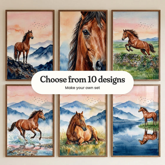 Six mountain horse prints in walnut frames in two rows on a cream wall: a horse on a rocky outcrop, a close-up of a horse's face, a horse leaping a stone wall, a horse galloping through a stream, a horse resting in golden grass and a horse reflected in a lake, with a label reading Choose from 10 designs, Make your own set