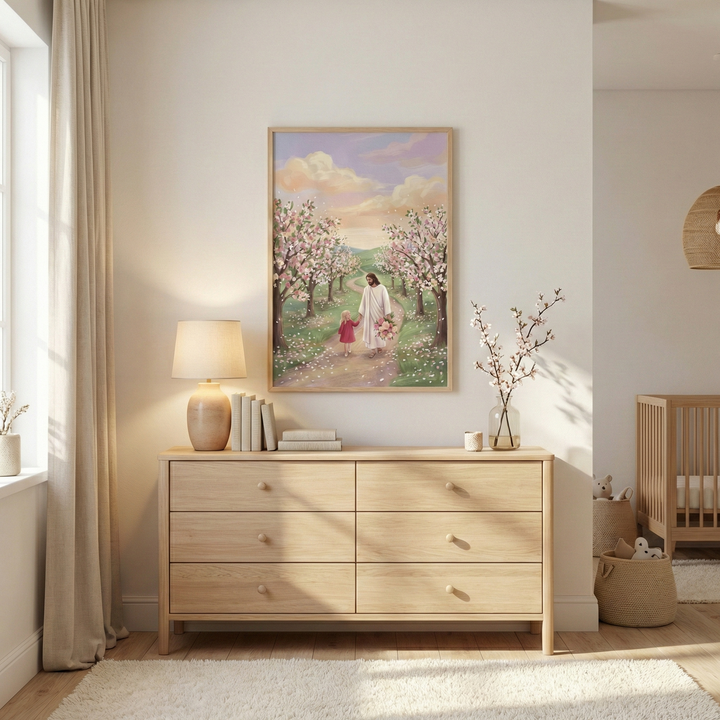 A bright, neutral nursery features a light-wood dresser beneath a framed illustration of Jesus Christ walking with a small child in a red dress through a path of pink-blossomed trees. On the dresser are a glowing lamp, books, and a vase with a flowering branch. The room is complete with soft curtains, a matching wood crib, and woven baskets on a white shag rug.