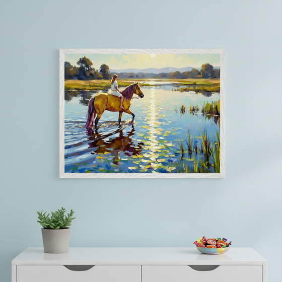 A light blue wall and white dresser with framed wallart of a girl riding a golden horse through sunlit water with water lilies hangs above the dresser. Potted plant and candy bowl sit on the dresser.