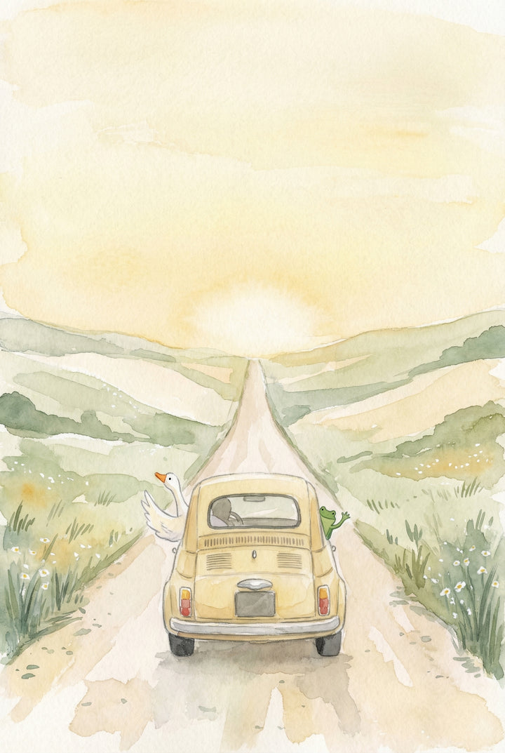 A small yellow car drives down a long winding road through soft green hills toward a glowing sunset. A white duck leans out one side and a small frog peeks out the other, adding a playful sense of adventure. The pastel sky and open landscape create a peaceful road trip mood.