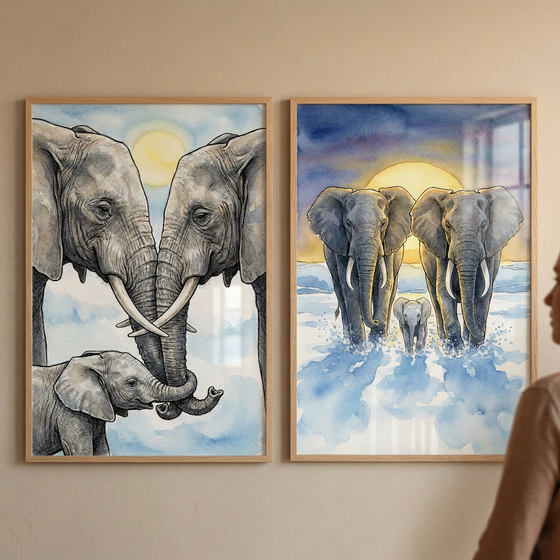 Two framed watercolor-style illustrations of elephant families hang side-by-side on a neutral wall. The left image shows two adult elephants with intertwined trunks and a small calf against a light sky with a soft sun. The right image depicts two adults and a calf walking through splashing blue water under a large, bright sun. Both are in light wood frames. A person's shoulder is partially visible on the right, providing a sense of scale.