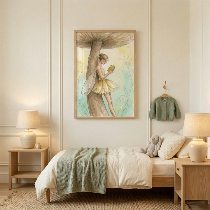 A serene child's bedroom is decorated in neutral tones. Above a wooden bed frame, a framed illustration shows a winged character in a yellow dress made of petals, leaning against a large mushroom while reading a book. The bed is dressed in off-white bedding with a sage green throw and a stuffed toy bunny. Identical wooden nightstands on each side of the bed hold warm, cream-colored lamps. A small green knitted cardigan hangs on a wall hook, and a natural fiber rug covers the floor.