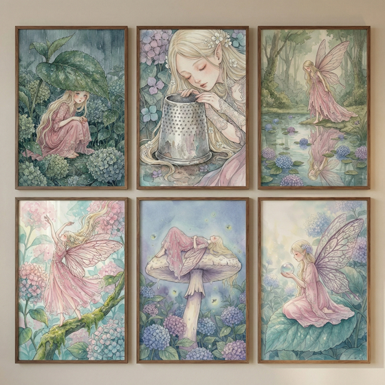 Six framed watercolor-style illustrations of small fairies in a whimsical garden setting. Each piece features a delicate figure with long hair and a soft pink dress. In the top left, a fairy huddles under a large green leaf. The top center shows a fairy peering into a small metallic thimble. The top right features a fairy by a tranquil pond with her reflection visible.