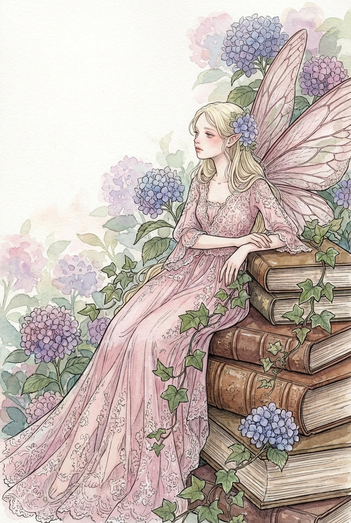 A delicate fairy with long blonde hair and pointed ears sits thoughtfully on a stack of antique books. She wears an intricate, floor-length pink lace gown. Large, translucent pink wings with detailed veining extend from her back. She is surrounded by clusters of blue, purple, and pink hydrangea flowers. Green ivy vines climb the books and drape across her dress. The artwork features soft watercolor textures and fine ink line work, creating a whimsical and serene scene.