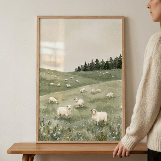 A serene watercolor illustration of a group of fluffy white sheep grazing in a lush, green rolling meadow. Two prominent sheep are in the foreground, one looking towards the viewer with a gentle expression.
