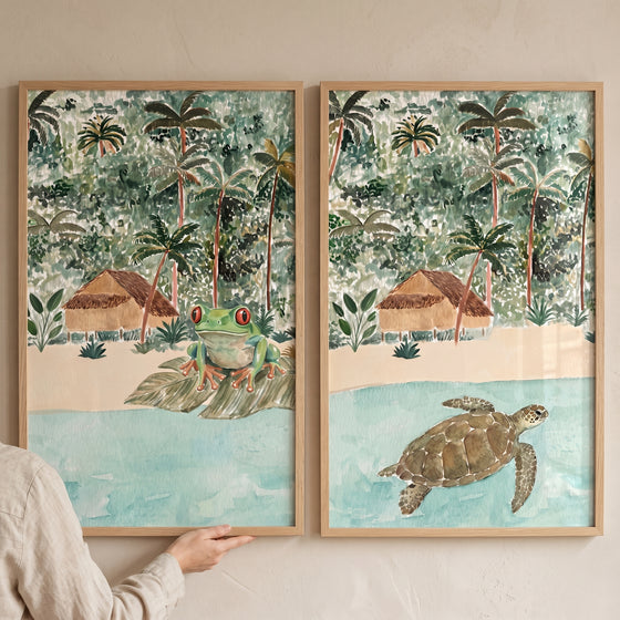 Watercolor island getaway animals wall art set of 2 featuring a tree frog and sea turtle in tropical beach scenes.