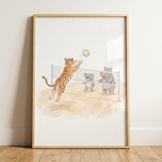 Watercolor jumping volleyball animals wall art featuring a tiger spiking a ball over a net to a koala and hippo.