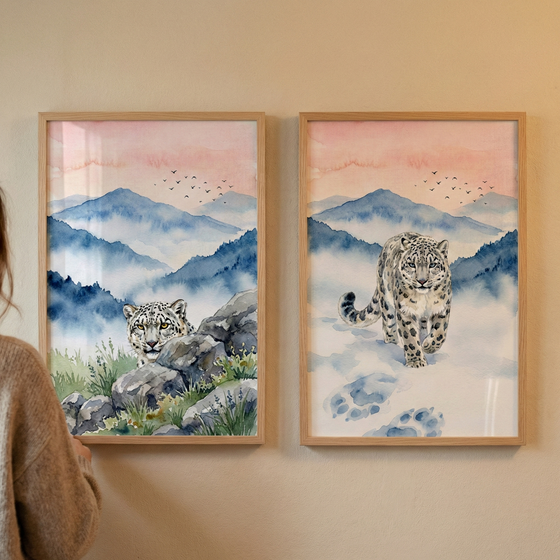 Two vertical, wood-framed watercolor illustrations hang side-by-side on a light wall. Both depict a serene mountain scene under a soft pink sky with small birds in flight. The left artwork shows a snow leopard peeking out from behind grey rocks and green grass. The right artwork features a snow leopard walking forward across a snowy landscape, leaving large blue paw prints behind it. A person's shoulder and arm are partially visible on the far left, as they reach towards the frames.