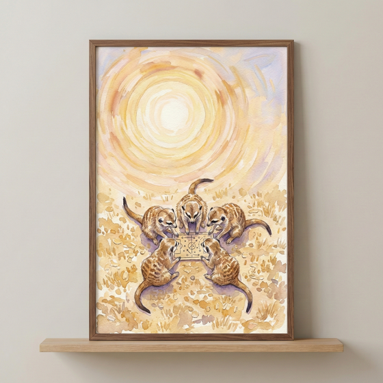 A vertical framed artwork sits on a light wooden shelf against a neutral-toned wall. The image features five meerkats gathered in a tight circle on a dry, grassy landscape. They appear focused on a small, rectangular board game placed on the ground in the center of their group. Dominating the upper portion of the composition is a massive, radiant sun, depicted with swirling, concentric strokes of golden and yellow light.