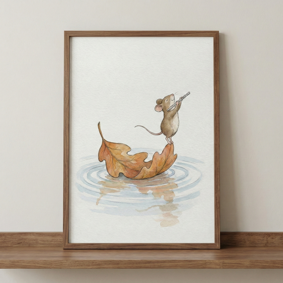 A framed watercolor-style illustration of a small brown mouse standing on the tip of a curled, dry oak leaf. The mouse is playing a tiny flute. The leaf floats on water, creating gentle blue ripples. The piece is set within a simple wooden frame resting on a wooden ledge against a light wall.