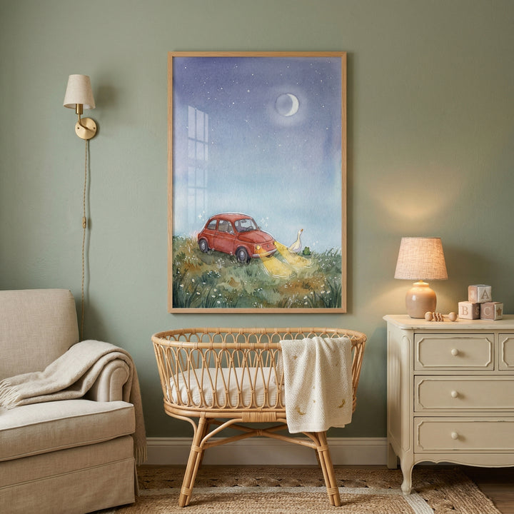 A vertical wooden-framed wall illustration hangs on a soft sage green wall in a cozy nursery. The illustration depicts a magical night scene with a deep blue and purple starry sky and a delicate crescent moon.