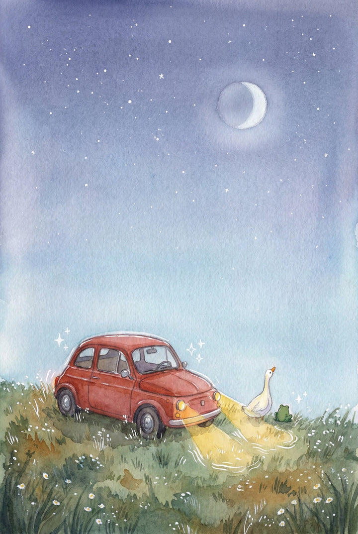 A small red car is parked in a grassy field under a night sky filled with stars and a crescent moon. Its headlights cast a warm glow onto a white duck and a small frog standing in front of it. The soft watercolor tones create a dreamy nighttime atmosphere.
