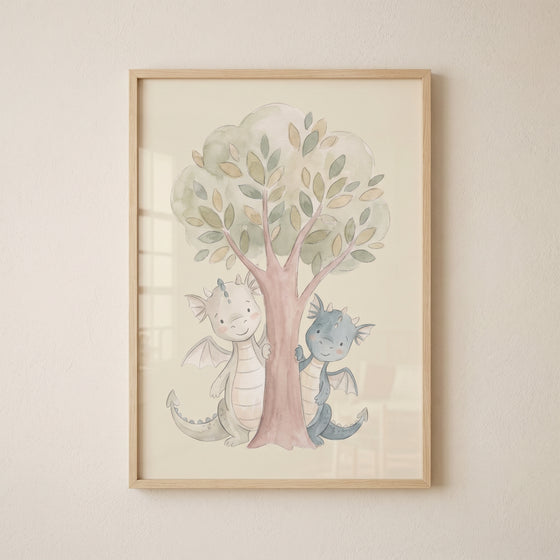 Two cute dragons peeking from behind a tree in a framed watercolor pastel tree dragon wall art.