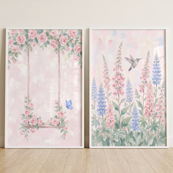 Watercolor pink blue garden wall art set of 2 with a rose swing, butterfly, hummingbird, and tall blooming foxgloves.
