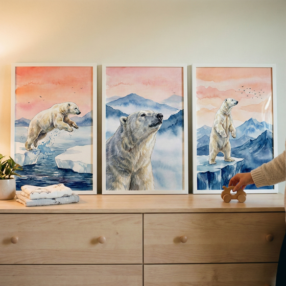 Three framed watercolor-style illustrations of polar bears are displayed on a light-toned wooden dresser. The left frame shows a polar bear leaping between ice floes under a pink and orange sky. The middle frame features a close-up of a polar bear looking upward against misty blue mountains. The right frame depicts a polar bear standing on its hind legs on a snowy ledge. Beside the frames are a potted plant, a stack of soft blankets, and a person's hand reaching for a wooden toy car.