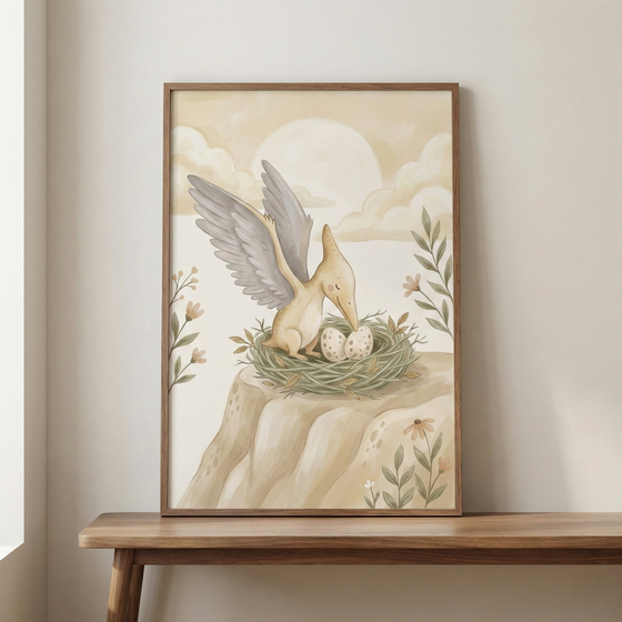 A vertical framed illustration in a soft watercolor style features a baby prehistoric flying creature with one large grey wing raised. The creature is light tan and sits in a twiggy nest containing two speckled eggs, positioned on the edge of a cliff. The background shows a large, pale celestial body and soft clouds in a warm-toned sky, with delicate botanical stems and small flowers around the edges.