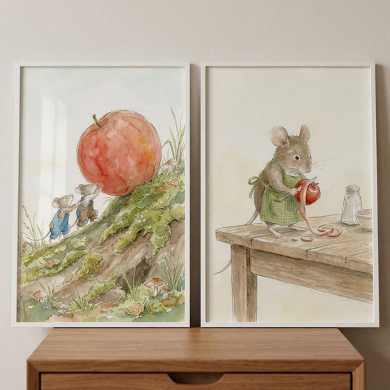 Watercolor red apple mouse wall art set of 2. Mice push an apple up a hill, and a mouse in an apron peels a red apple.