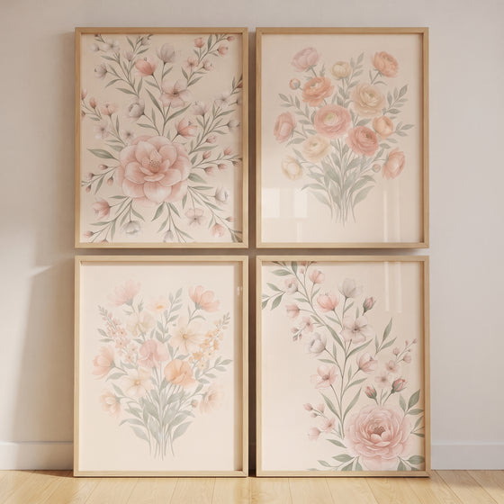 Watercolor soft peach floral wall art set of 4 displays delicate pink blossoms and green leaves in light wood frames.