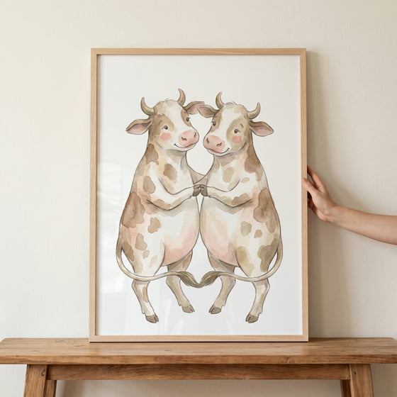 Watercolor whimsical dancing cow wall art shows two spotted cows holding hooves with tails forming a heart shape.