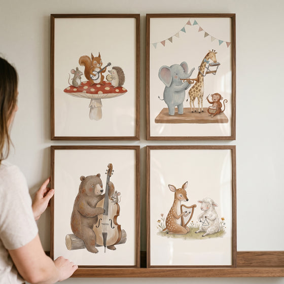 Watercolor whimsical musical animal wall art set of 4 featuring various animals playing instruments in wooden frames.