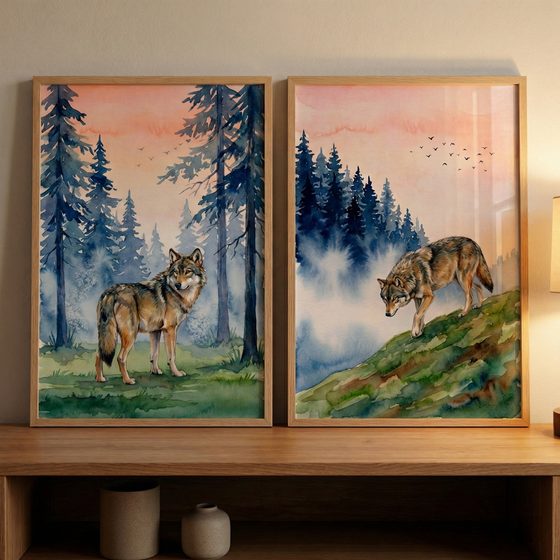 Two rectangular pieces of artwork, each framed in light wood, sit side-by-side on a wooden surface. Both depict nature scenes in a watercolor style with a consistent color palette of soft peach, blue-toned forest, and misty accents.