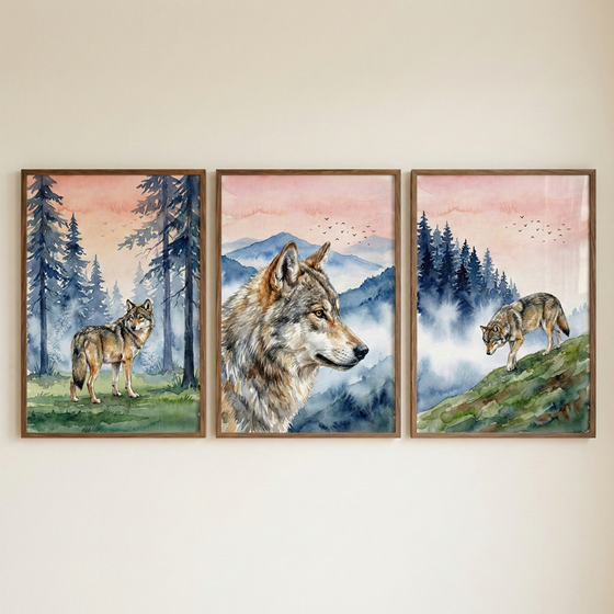 Three framed watercolor-style illustrations hang side-by-side. The left artwork depicts a wolf standing in a blue-toned forest under a pink sky. The center piece features a large close-up profile of a wolf's head with misty blue mountains in the background. The right artwork shows a wolf walking down a grassy slope with a misty forest behind it. The scenes are tied together by a consistent color palette of soft pinks, blues, and natural tones.