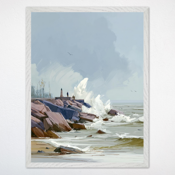 Rocky shoreline with large waves crashing against the rocks and a distant lighthouse. Two small figures stand near the lighthouse, and birds fly overhead in a cloudy sky.