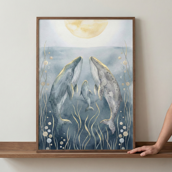 A framed piece of art features a whale family underwater. Two large whales face each other with a smaller calf between them, all swimming upwards. The style uses soft watercolor tones in blue and gray with delicate golden accents. A large, pale yellow sun or moon glows at the top. Golden seagrass and bubbles decorate the deep blue sea below. The artwork is in a wooden frame resting on a shelf, with a person's hand visible on the right.