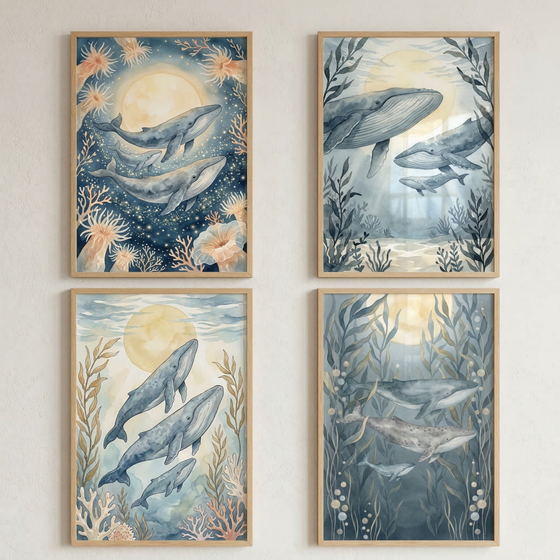 Four framed watercolor illustrations are arranged in a square grid on a neutral wall. Each piece features blue whales swimming in a dreamy underwater environment. Some scenes include a large, glowing orb resembling a full moon, while others depict kelp forests, coral reefs, and bioluminescent details. The artwork uses a soft palette of deep blue, muted gray, and pale yellow, housed in light wood frames.