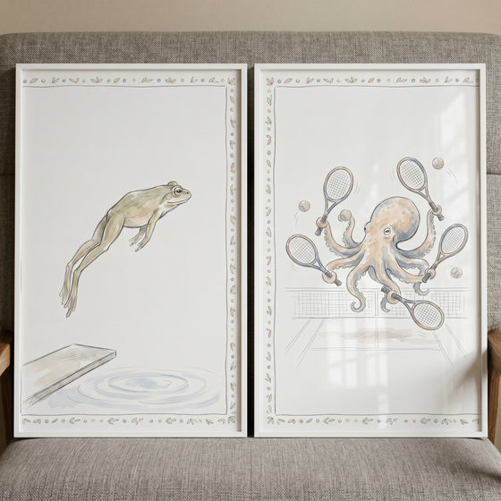 Whimsical athletic animals wall art set of 2 featuring a diving frog and an octopus playing tennis.