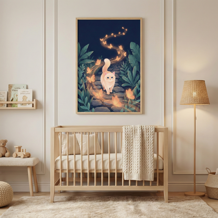 A light-colored wooden crib is centered against a wall with classic molding in a neutral-toned nursery. Above the crib hangs a framed illustration of a small white cat walking on a stone path through a dark forest, surrounded by a swirling trail of glowing orange butterflies. To the left, a small shelf holds books, and a stool below it has a toy train and a teddy bear. A floor lamp with a woven shade stands to the right, and a soft, shaggy rug covers the floor.