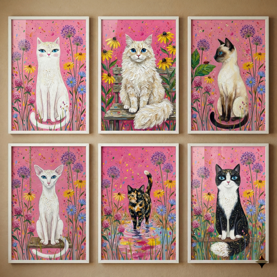 Six framed cat paintings hang in two rows on a beige wall. Each print has a bright pink background with colorful flowers and shows a different cat, including white, fluffy cream, Siamese, slender white, tortoiseshell, and black and white cats.