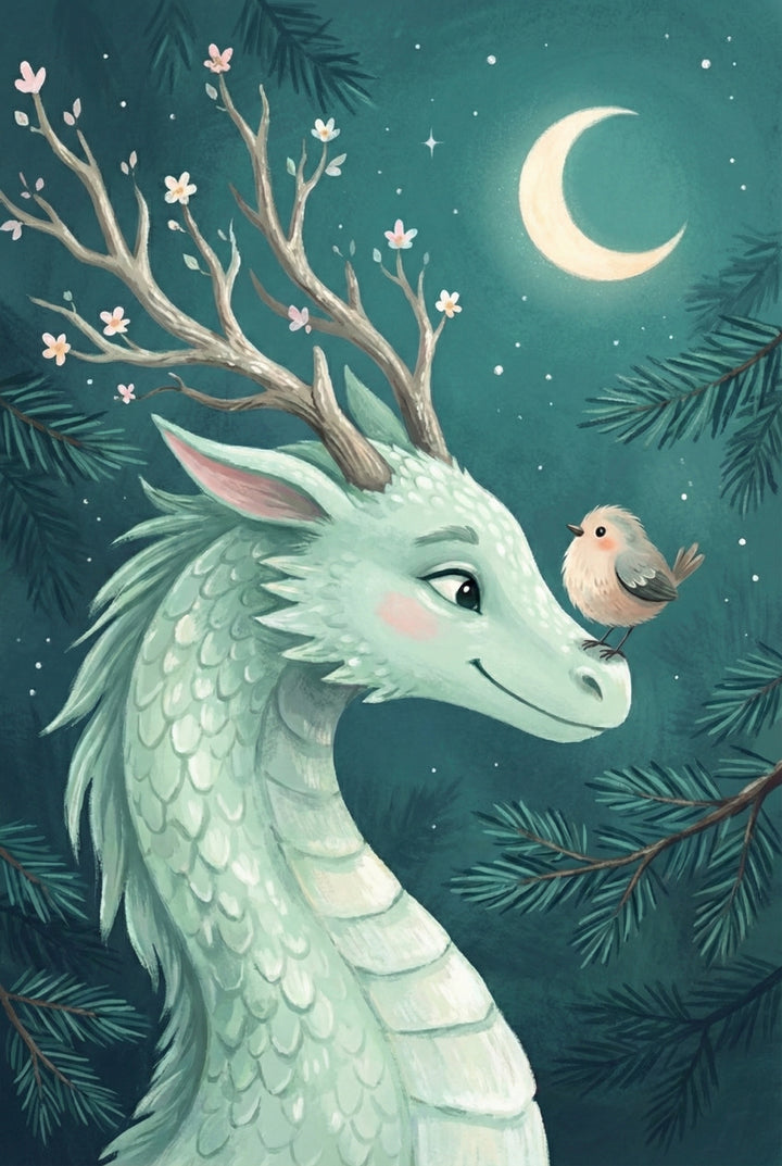 A whimsical digital illustration of a pale green, scaled dragon with a gentle expression. Its antlers resemble branching tree limbs adorned with small pink and white flowers. A tiny, plump bird perches on the tip of the dragon's snout, and the two exchange a friendly look. The background features dark evergreen branches against a deep teal night sky, illuminated by a glowing yellow crescent moon and scattered stars.