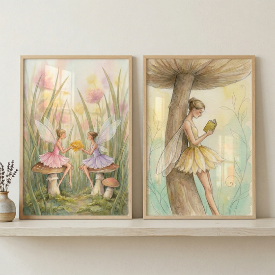 Two framed illustrations sit on a light wood shelf. The left artwork shows two small winged figures on mushrooms in a field of grass and flowers. One wears pink, the other purple, as they hold a golden object. The right piece depicts a winged figure in a yellow dress leaning against a large mushroom while reading a book. Both feature muted colors and delicate lines. The frames are light wood. To the left, a small vase holds dark sprigs.