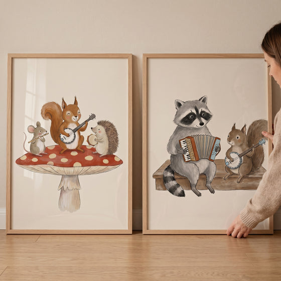 Whimsical forest band animals wall art set of 2 featuring woodland creatures playing instruments on a mushroom and bench.