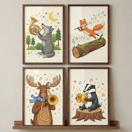 Whimsical orchestral woodland animals print set of 4 showing a wolf, fox, moose, and badger playing instruments.