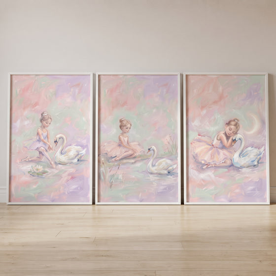 Whimsical pond ballet swan wall art set of 3 featuring a girl in a pink tutu and a swan in soft pastel colors.