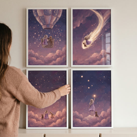 Person hangs a whimsical purple girl dog wall art set of 4 with magical scenes of a girl and pet in the starry sky.