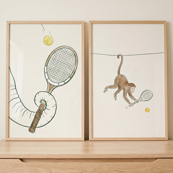 Swinging monkey and elephant trunk hold tennis rackets. Whimsical tennis animal wall art set of 2.