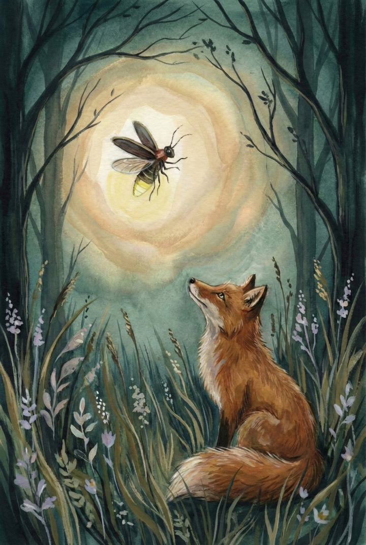 A gentle watercolor-style illustration of a fox sitting in tall forest grass at night, looking up at a softly glowing firefly surrounded by a warm halo of light, framed by arching tree branches and muted green-blue tones for a calm, magical atmosphere.